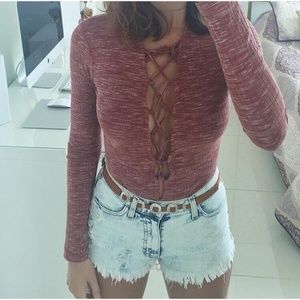 Maddy K Lace up bodysuit Long sleeves spacedye
